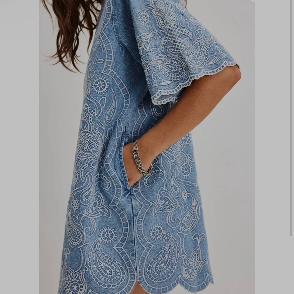 Free People Harlow Light Blue Embroidered Mini Dress - Picture 3 of 6